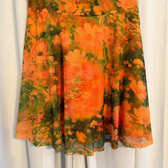 Urban Outfitters Audrey Mesh Mini Dress Orange Floral Ruched Straps Lined L - Picture 5 of 10